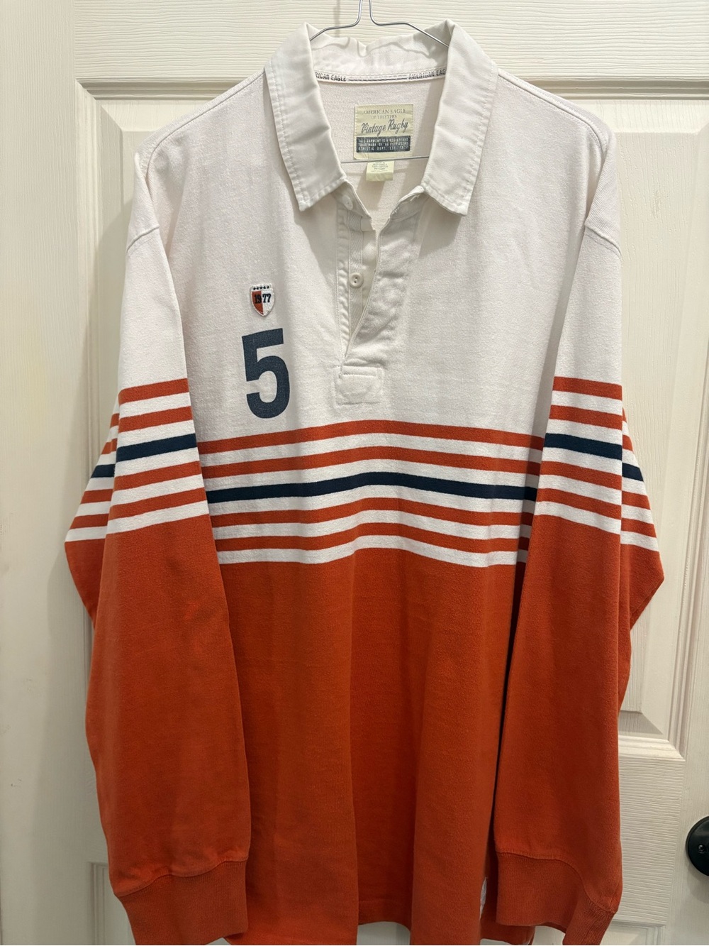 American Eagle Outfitters Orange, White & Navy Striped Rugby Shirt